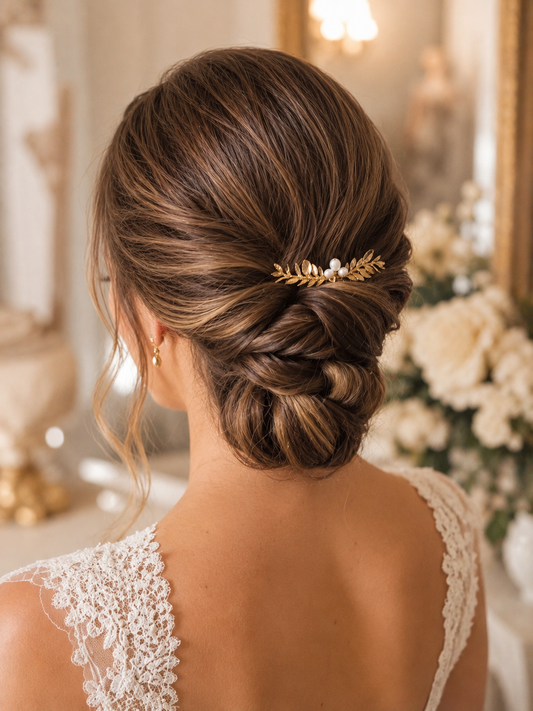 mariée avec chignon bas et peigne brin d'olivier doré et perles d'eau douce