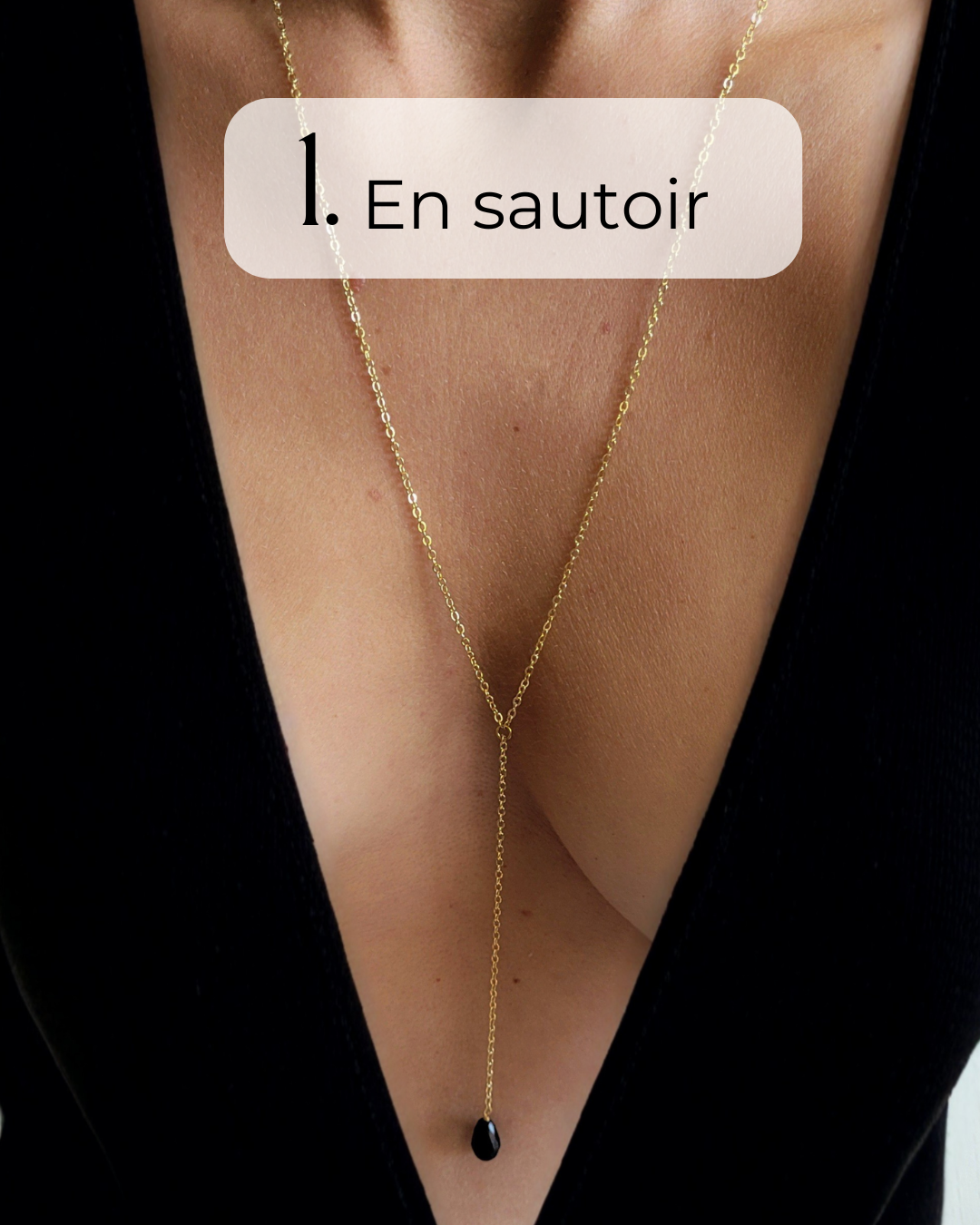 Collier lasso perle noire – Double port avant ou dos - OPIUM