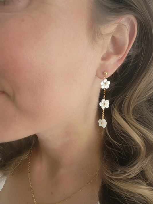 Longues boucles d'oreilles fleur en nacre mariée
