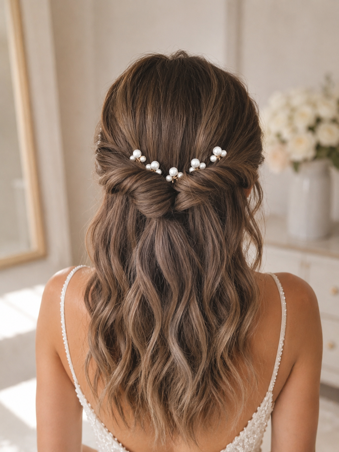 coiffure de mariée avec pics a chignon ornés de trois perles nacrées