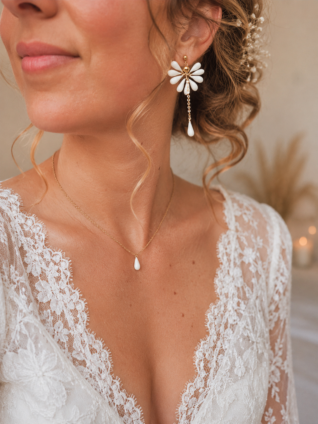 Grandes boucles d'oreilles élégantes pour mairée éventail de gouttes en porcelaine 