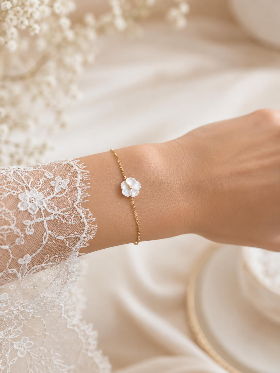 mariée avec un bracelet délicat doré avec une fleur en nacre
