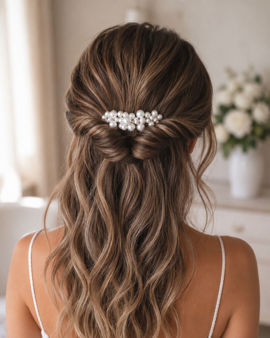 mariée avec peigne en perles nacrées