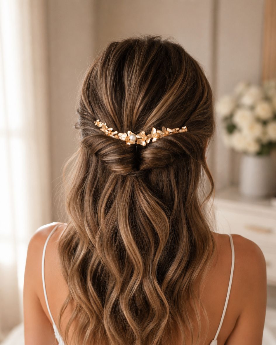 mariée avec cheveux semi-attachés et peigne avec fleurs dorées