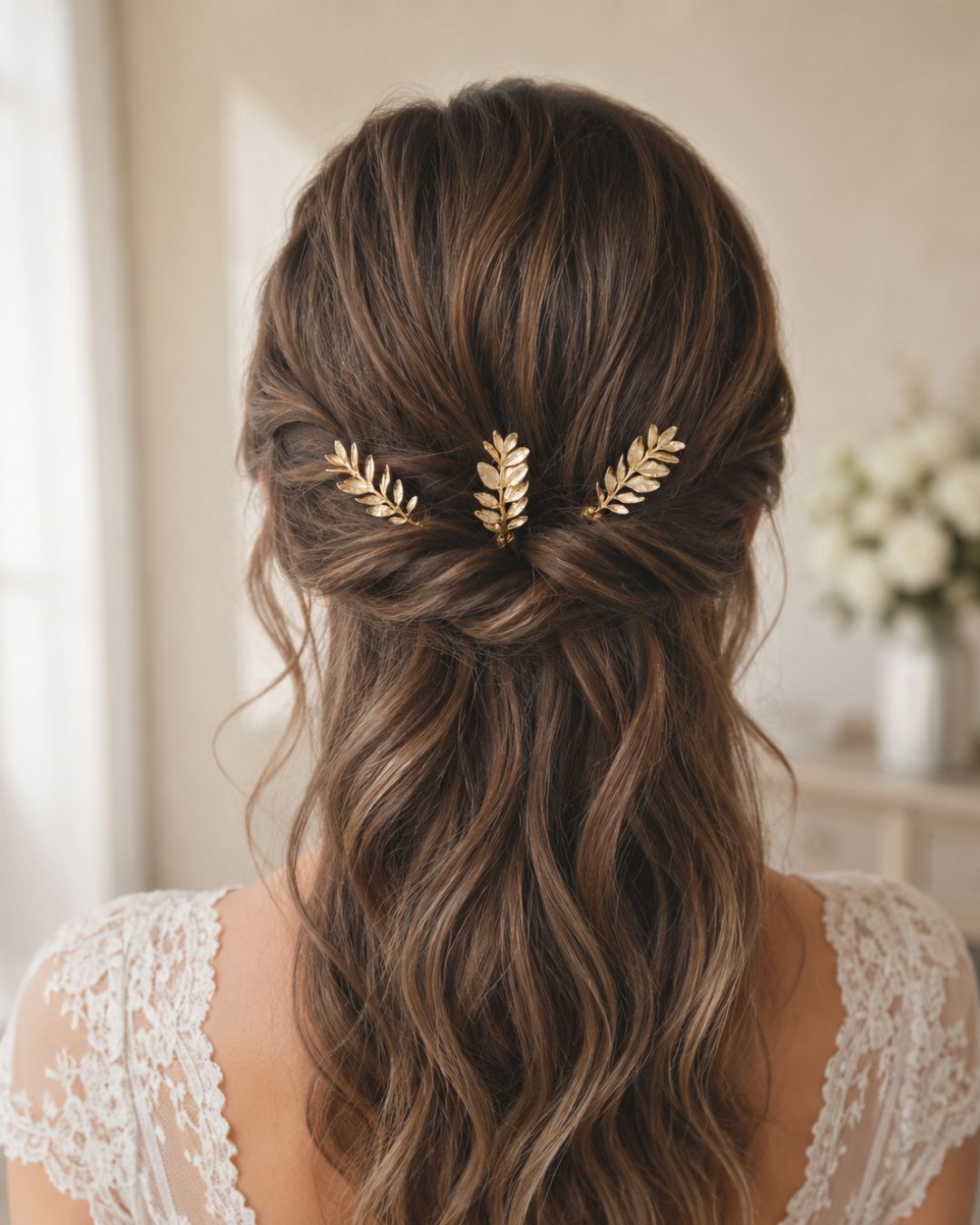 mariée avec cheveux semi-attachés avec 3 pics à chignon brin d'olivier doré