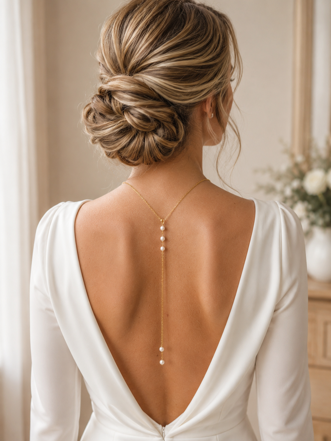 mariée élgante avec robe minimaliste dos nu et collier de dos avec double chaîne pendantes et perles d'eau douce