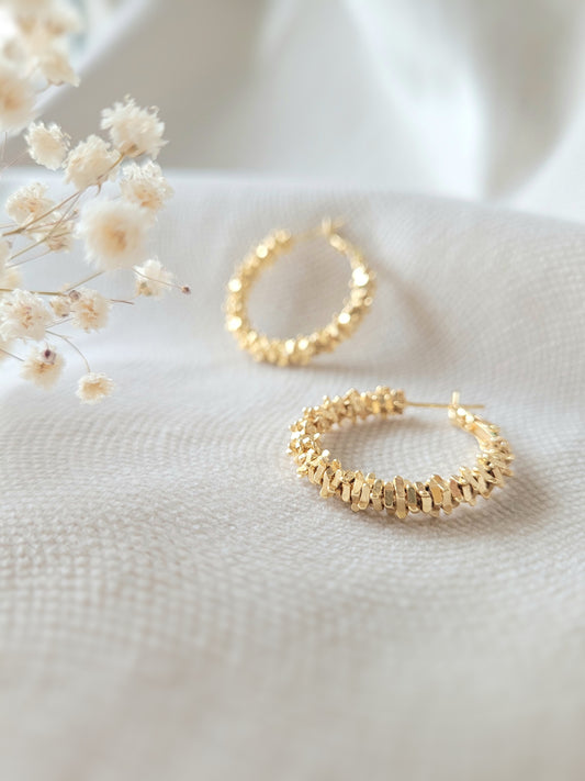 créoles perles dorées effet diamanté chic et élégante en laiton doré à l'or fin 24 carats