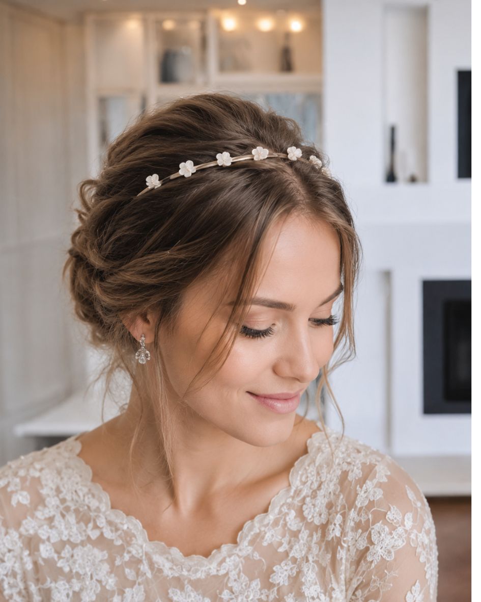 mariée avec serre tête dorée fin avec fleur blanche en nacre