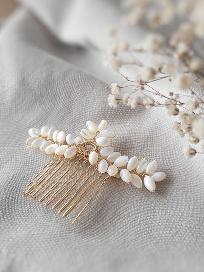 peigne mariage doré et perles ivoire en épis