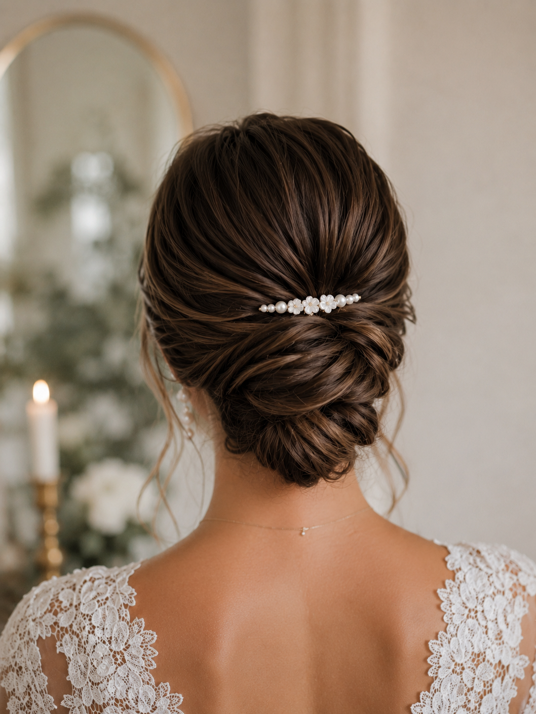 mariée avec chignon et peigne de cheveux avec fleurs blanches et perles